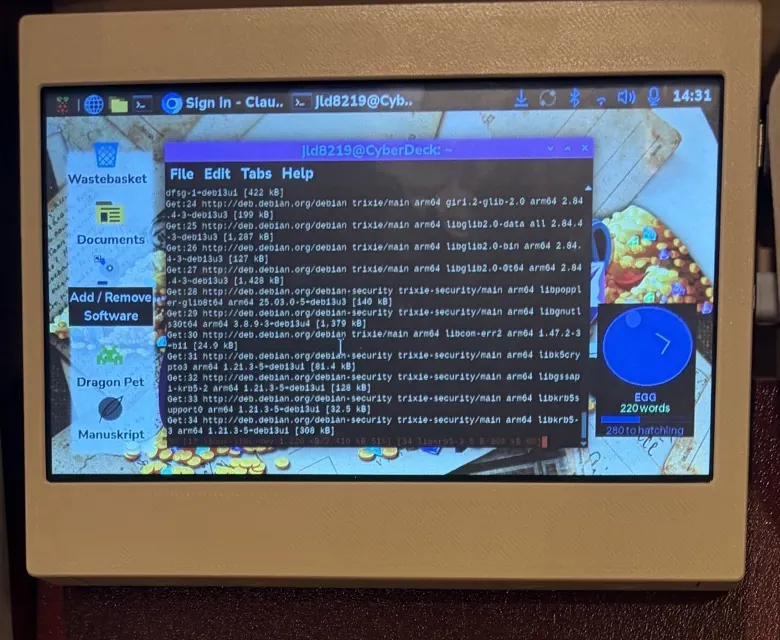 The Linux screen showing Manuskript, Dragon Pet, and the blue word count egg widget.