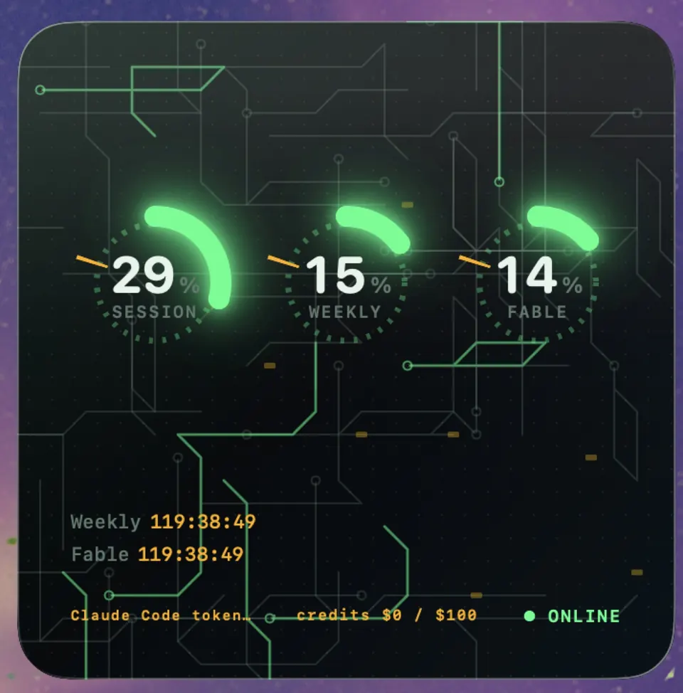 Claude usage widget: green expanded layout.