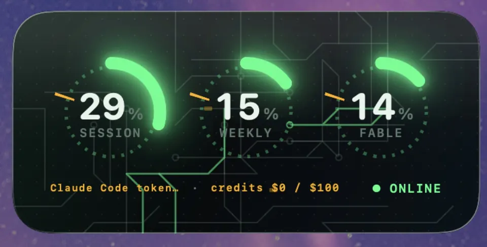 Claude usage widget: green horizontal layout.