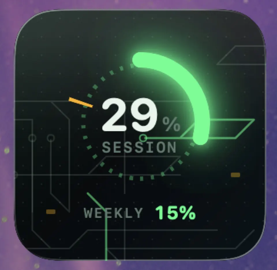 Claude usage widget: green compact layout.
