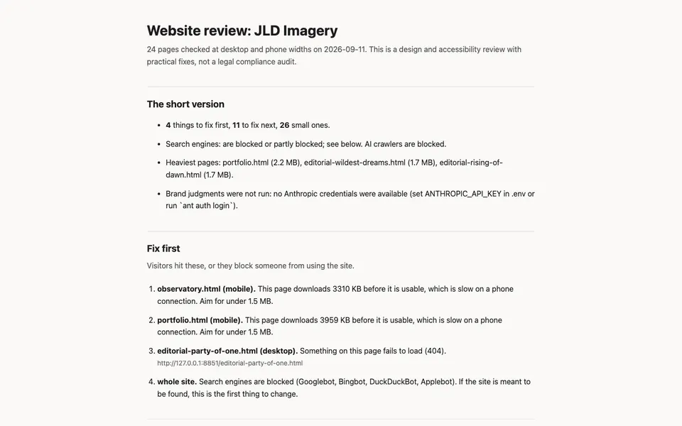 Website auditor: the report a site owner reads, grouped into fix first, fix next and small things.
