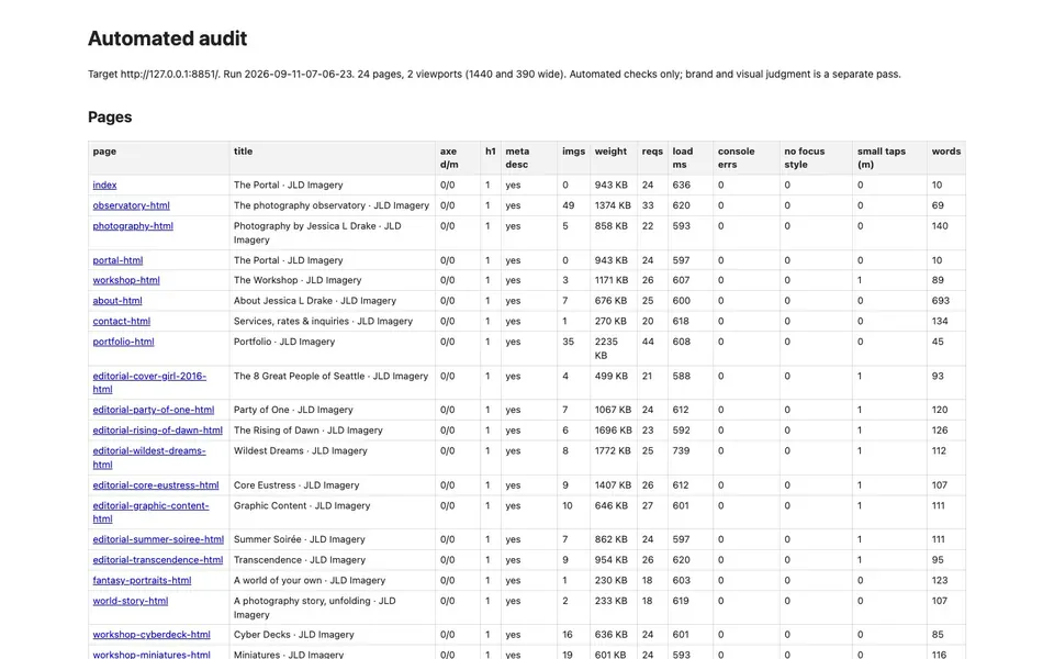 Website auditor: the technical report with per-page measurements.