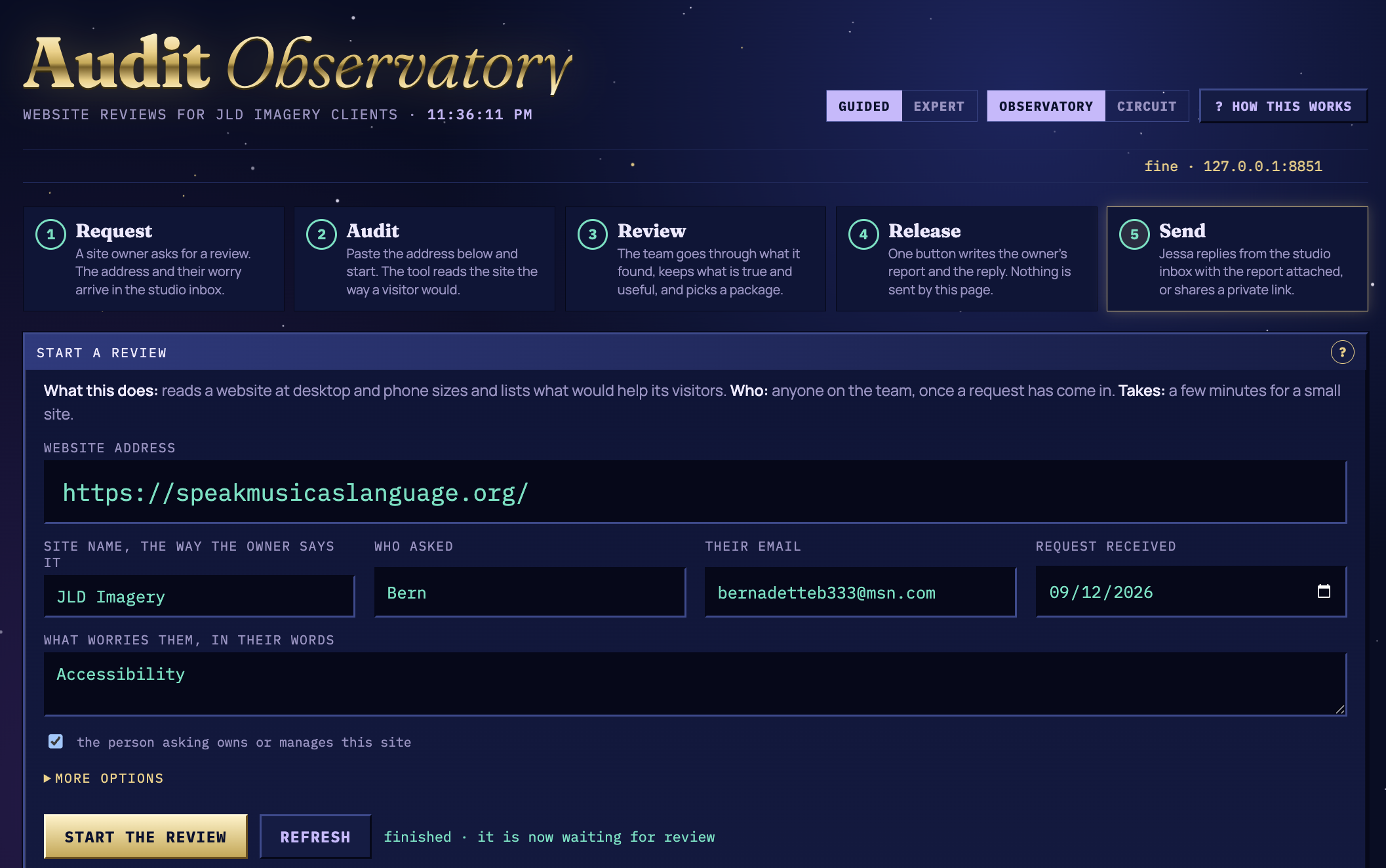 Audit Observatory website review interface showing its five-step workflow and review request form.