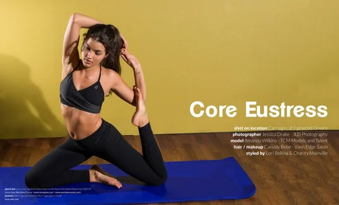 Core Eustress opening spread with Amanda stretching on a blue yoga mat beside the editorial title and credits.