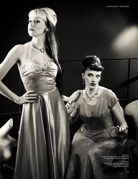 Black and white fashion editorial with three figures in formal styling.