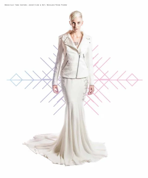 Katie Joy in an ivory Luly Yang Couture mermaid gown with a Line & Dot moto jacket on top, Trina Pierre statement necklace, kaleidoscope graphics layered behind.