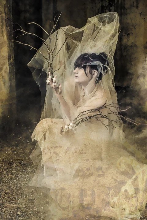 Fantasy portrait with dark veiling and colored light.