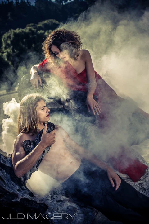 Painterly fantasy portrait surrounded by a veil of mist.
