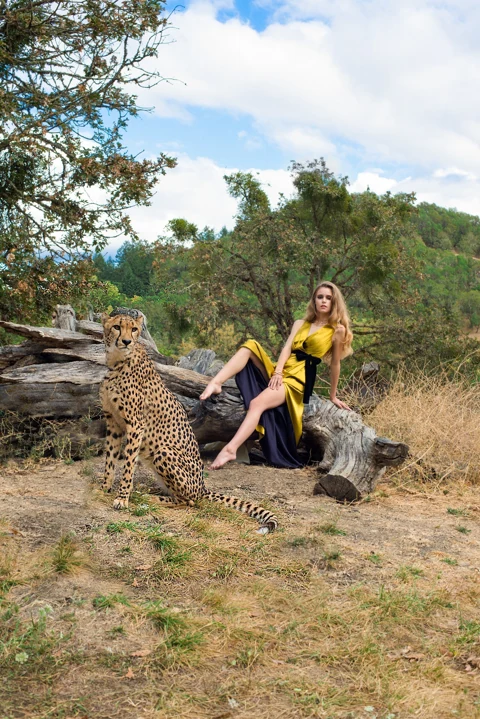 Fashion photograph featuring a yellow gown and a cheetah.