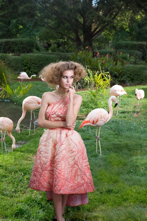 Fashion photograph in a coral dress surrounded by flamingos.