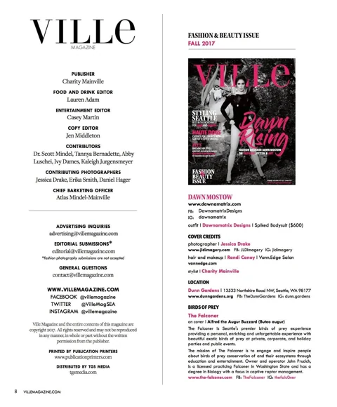 VILLE Magazine masthead and cover credits page for the Fall 2017 Fashion & Beauty Issue, listing the editorial team and full cover credits.