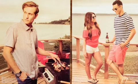 Two-up split spread — a man tending the grill on the deck on the left, a couple by the deck railing on the right in a coral off-shoulder top and a striped tee with coral shorts.
