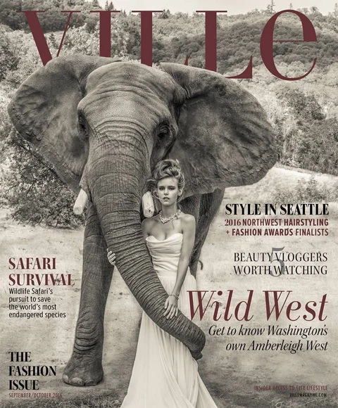 VILLE Magazine cover, Fashion Issue Sept/Oct 2016: Amberleigh West in a strapless white gown beside a large African elephant whose trunk reaches across her torso, sepia-toned California landscape behind them.