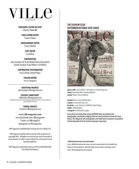 VILLE Magazine masthead and cover credits page documenting the September/October 2016 Fashion Issue editorial team.